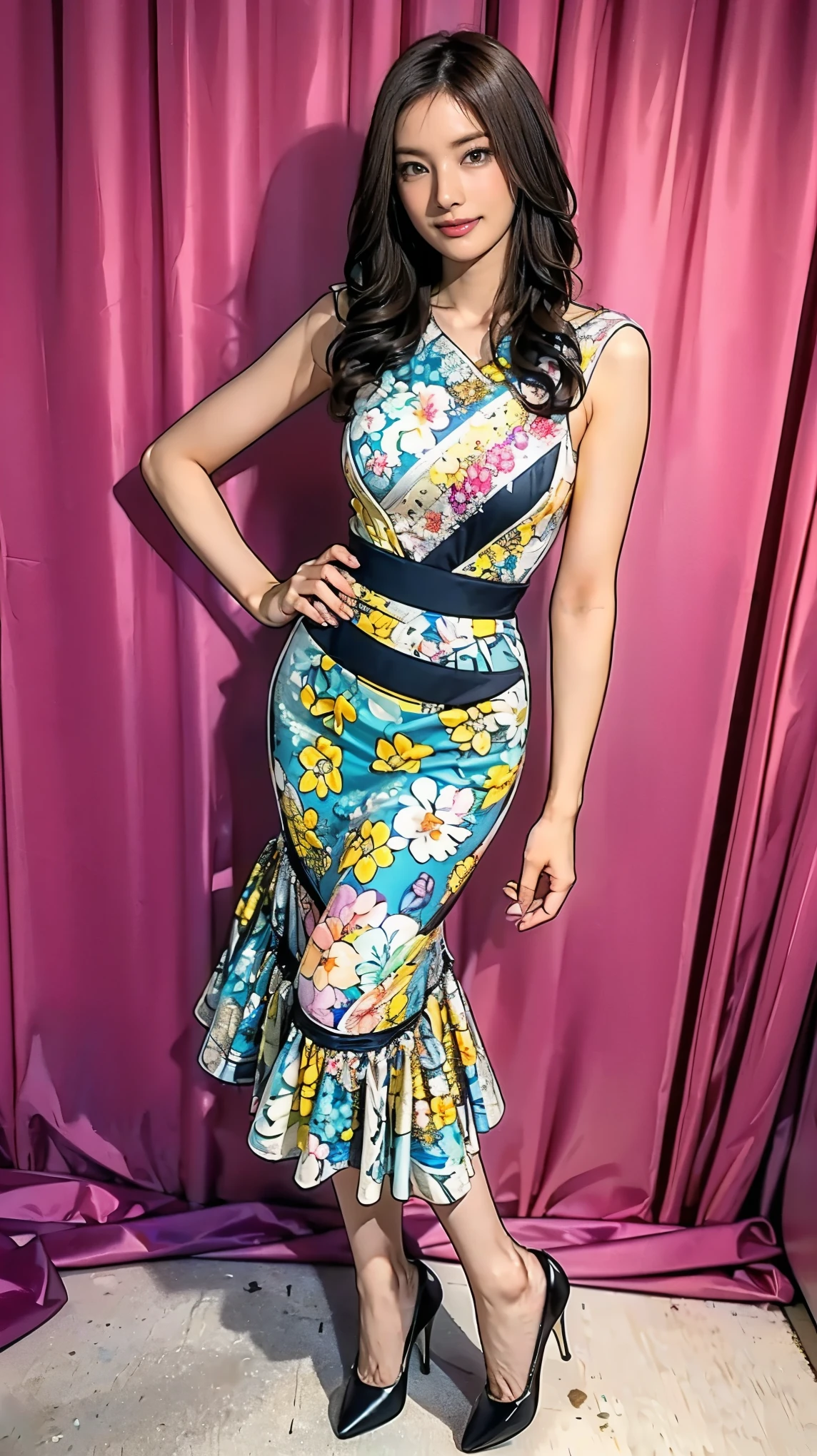 ((masterpiece)),(((Highest quality))),Thin thighs,Long legs,whole body:1.5,(One Girl:1.3),(Black high heels:1.3),(Wearing a floral striped mid-long flared skirt dress:1.2),Curly blonde hair:1.2、Model pose standing with legs apart:1.5,Bright expression:1.5