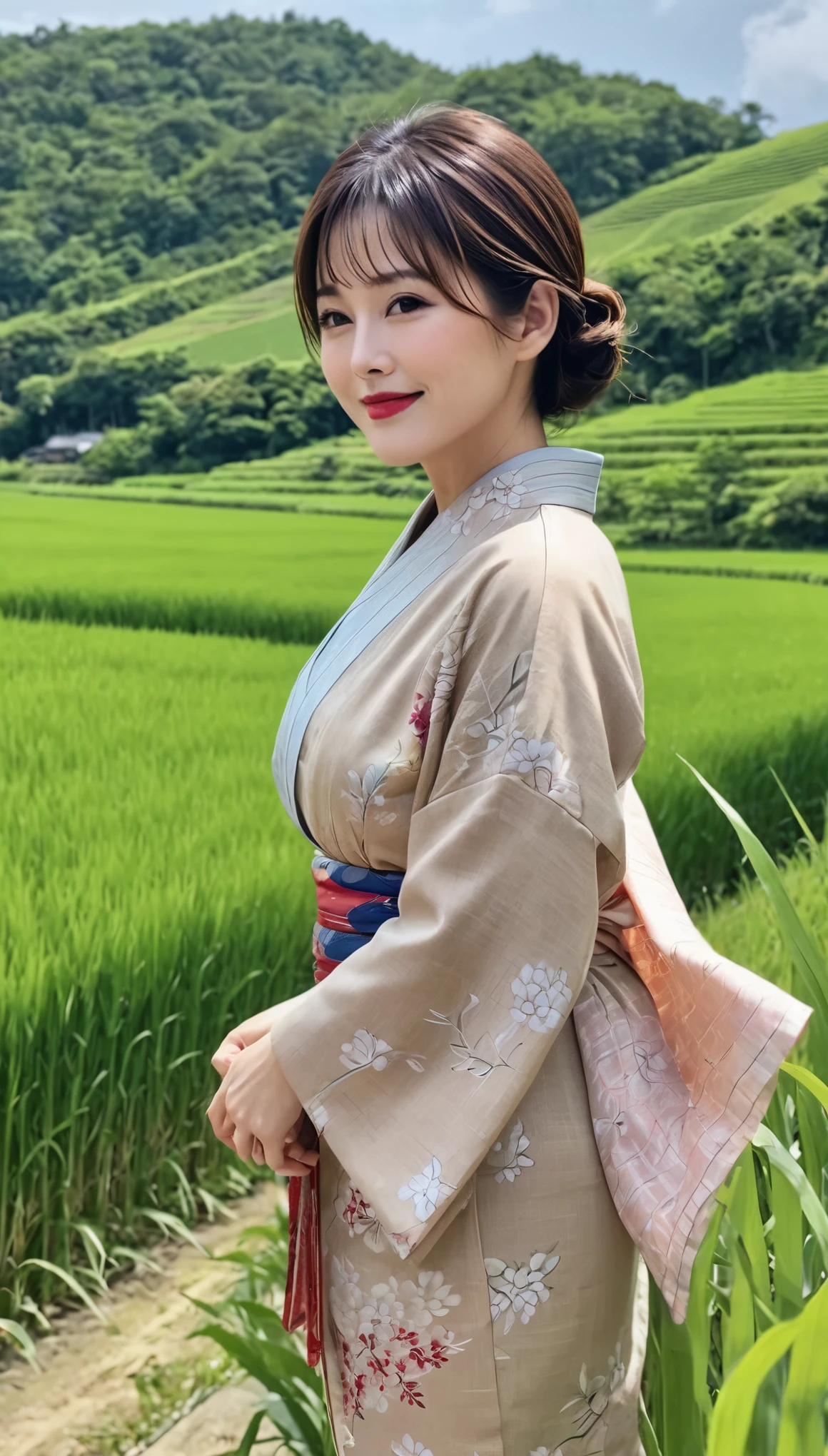 masterpiece,Highest quality,wonderful,(Mature Woman:1),(Mature Woman:1.3), (50歳のMature Woman.1.3)(((Very large breasts)))、(((Big big boobs)))、(((Big big cleavage)))、{Japanese countryside(Rice field footpath)}、Cute Smile、Well-tanned skin、Delicate and precise skin texture、(Plump figure)、disheveled brown hair、Japanese women、(Big Ass)、Thick thighs、Bright red lips、Thick upper arms、Wearing an old yukata with a sober color、