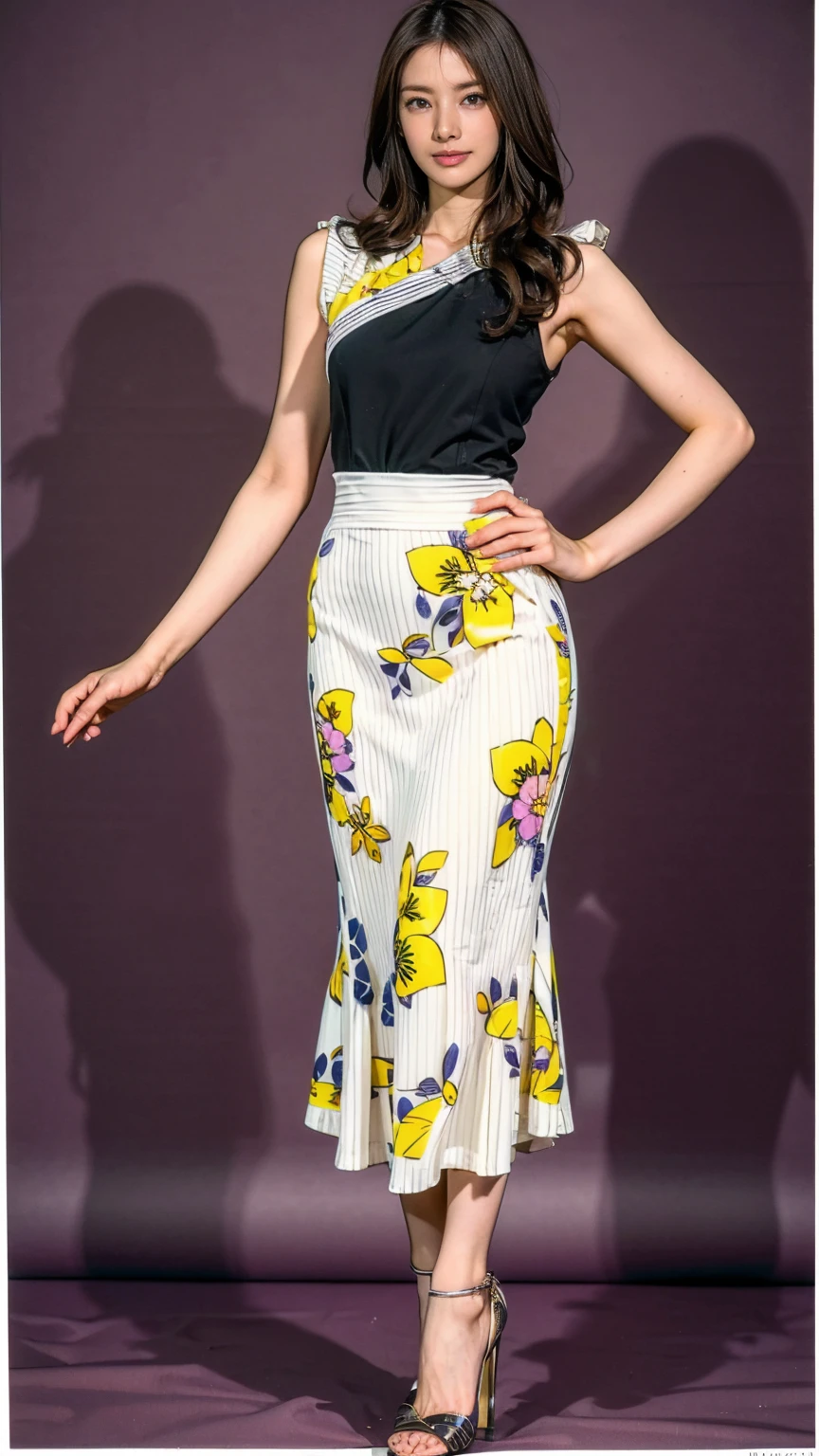 ((masterpiece)),(((Highest quality))),Thin thighs,Long legs,whole body:1.5,(One Girl:1.3),(Black high heels:1.3),(Wearing a floral striped mid-long flared skirt dress:1.2),Curly blonde hair:1.2、Model pose standing with legs apart:1.5,Bright expression:1.5