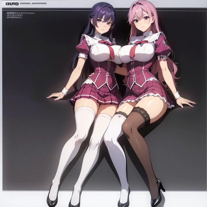 a masterpiece of two identical twin girls with heather-purple colored hair, huge wavy hairstyle, cover-bangs, hazel eyes, and matching school uniforms with sexy lace accents, ribbons, and rainbow short skirts, wearing white thigh-high socks and black high heels, posing together with a seductive smile, flat color background, full body, ultra-detailed, (best quality,4k,8k,highres,masterpiece:1.2),ultra-detailed