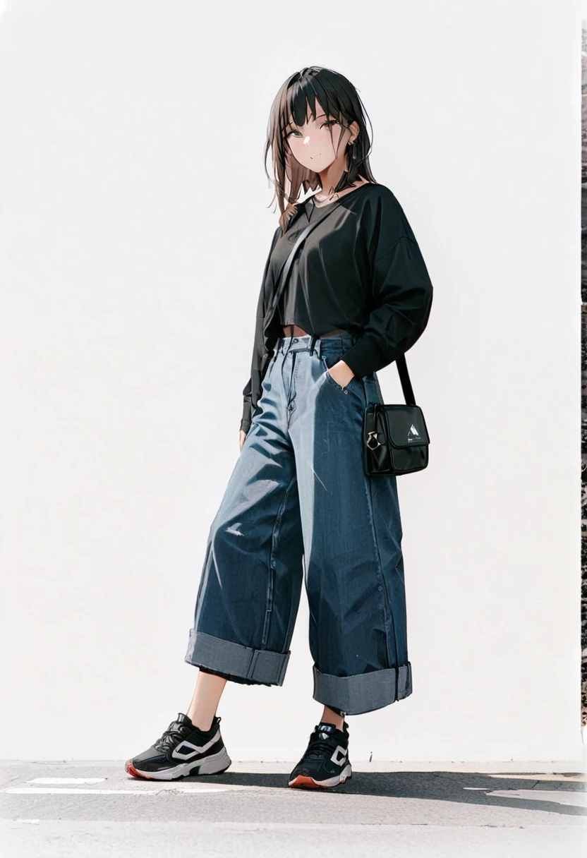 (Masterpiece, highest quality: 1.2, 8K), One girl in the center, wearing layers inside a black shirt, denim wide pants, simple sneakers, shoulder bag, whole body, simple background, white background,
