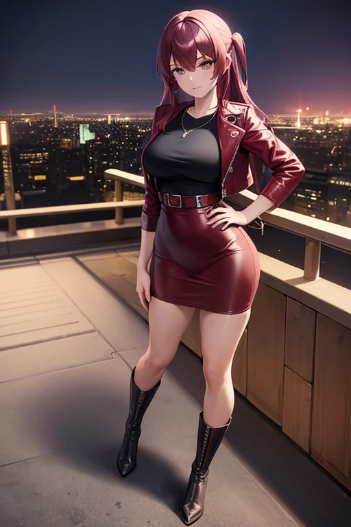 ((masterpiece, best quality, ultra-detailed)), beautiful woman looking at viewer, red leather jacket, black midi pencil skirt, long pencil skirt, leather boots, headphones, necklace, full body, purple hair, city rooftop, fence, night sky, blue lights, hand on hip