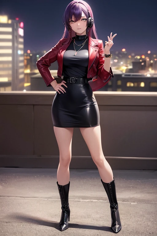 ((masterpiece, best quality, ultra-detailed)), beautiful woman looking at viewer, red leather jacket, black midi pencil skirt, long pencil skirt, leather boots, headphones, necklace, full body, purple hair, city rooftop, fence, night sky, blue lights, hand on hip
