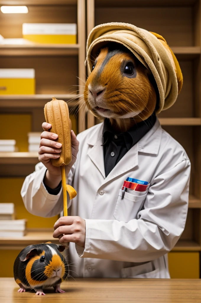 A guinea pig dressed as a scientist holding a zingiber oficcinale