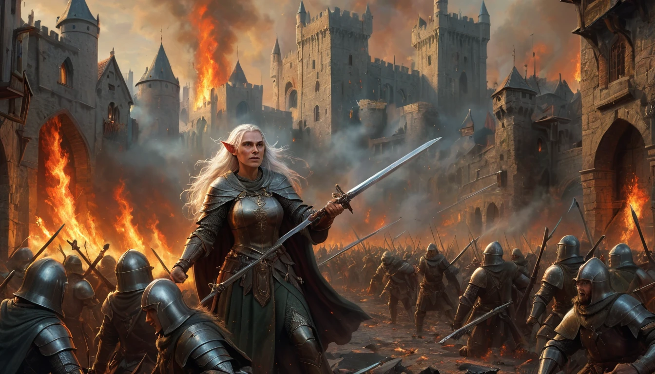 Highly detailed, UHD, 32k, medieval fantasy, heavy metal magazine cover, oil on canvas. Multiple subjects. Medieval cinematic War scene. An elderly elf lady fighting a human army, she is trading sword blows with a burly human with a silver sword. The scenery is a human town in flames. 