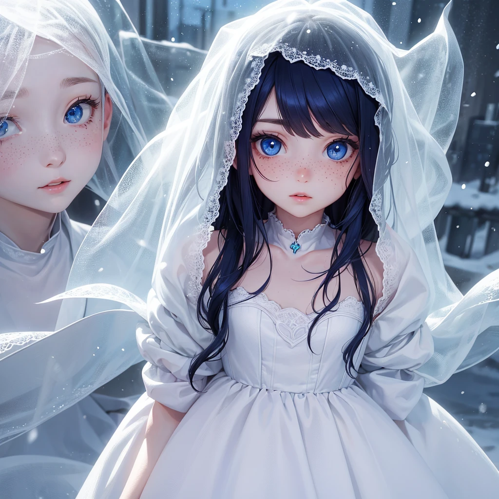 Cute glass girl wight hair Freckles cheeks pure skin bride dress snow background snow falls blue eyes cute eye browse 