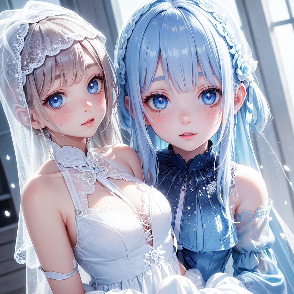 Cute glass girl wight hair Freckles cheeks pure skin bride dress snow background snow falls blue eyes cute eye browse