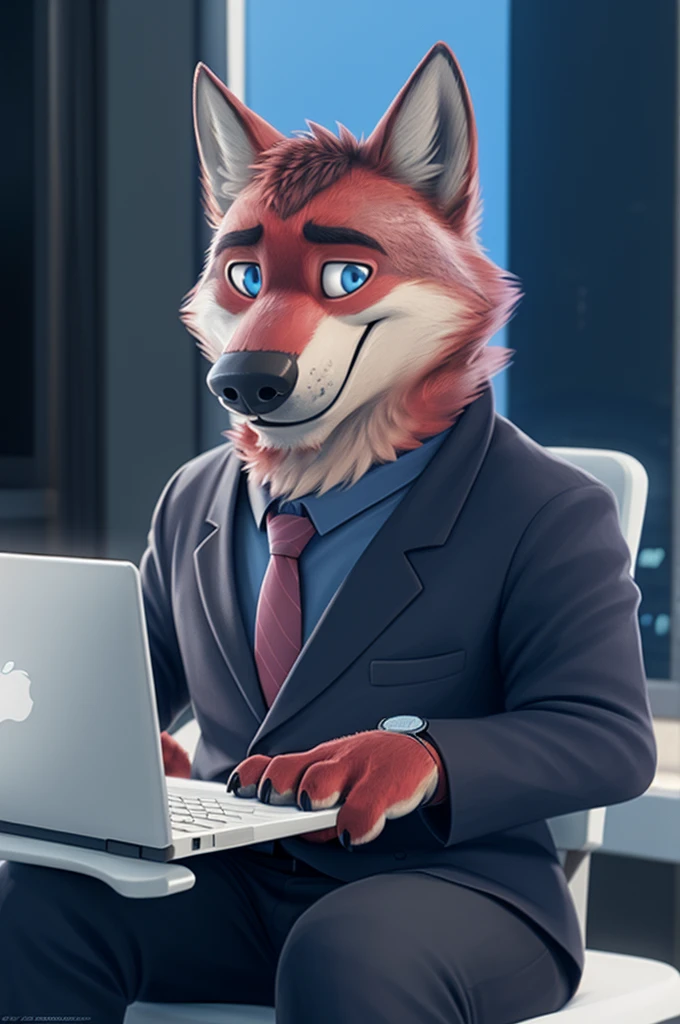 Joachim Wolfbach (Zootopia),tall handsome, wolf,young, 24 years, brown fur, hair on the head,(red body:1.3),Blue eyes, Moscow Dressed, shirt,blazer, tie,trousers,sandals,canine, wolf, detailed fur, Male, antro, paw pads, finger claws,holding a laptop, at viewer, 5 fingers, paws, 5 fingers, smile, happy, resting, wrist watch, т nextel, sitting at home watching TV, by xenoforge, (difficult, high detail, film photography, soft focus, RAW, pilot by training,smile смех
фотореализм, realistic, photorealistic, analog style, Subsurface scattering,
masterpiece, Best quality, ultra realistic, 8 k)