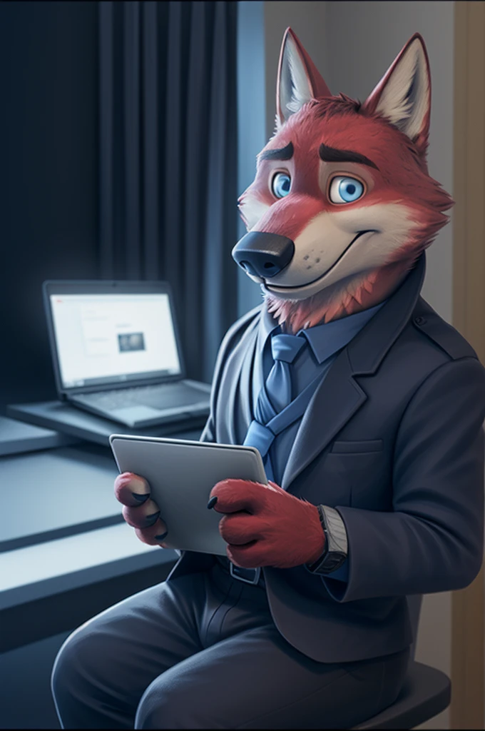 Joachim Wolfbach (Zootopia),tall handsome, wolf,young, 24 years, brown fur, hair on the head,(red body:1.3),Blue eyes, Moscow Dressed, shirt,blazer, tie,trousers,sandals,canine, wolf, detailed fur, Male, antro, paw pads, finger claws,holding a laptop, at viewer, 5 fingers, paws, 5 fingers, smile, happy, resting, wrist watch, т nextel, sitting at home watching TV, by xenoforge, (difficult, high detail, film photography, soft focus, RAW, pilot by training,smile смех
фотореализм, realistic, photorealistic, analog style, Subsurface scattering,
masterpiece, Best quality, ultra realistic, 8 k)
