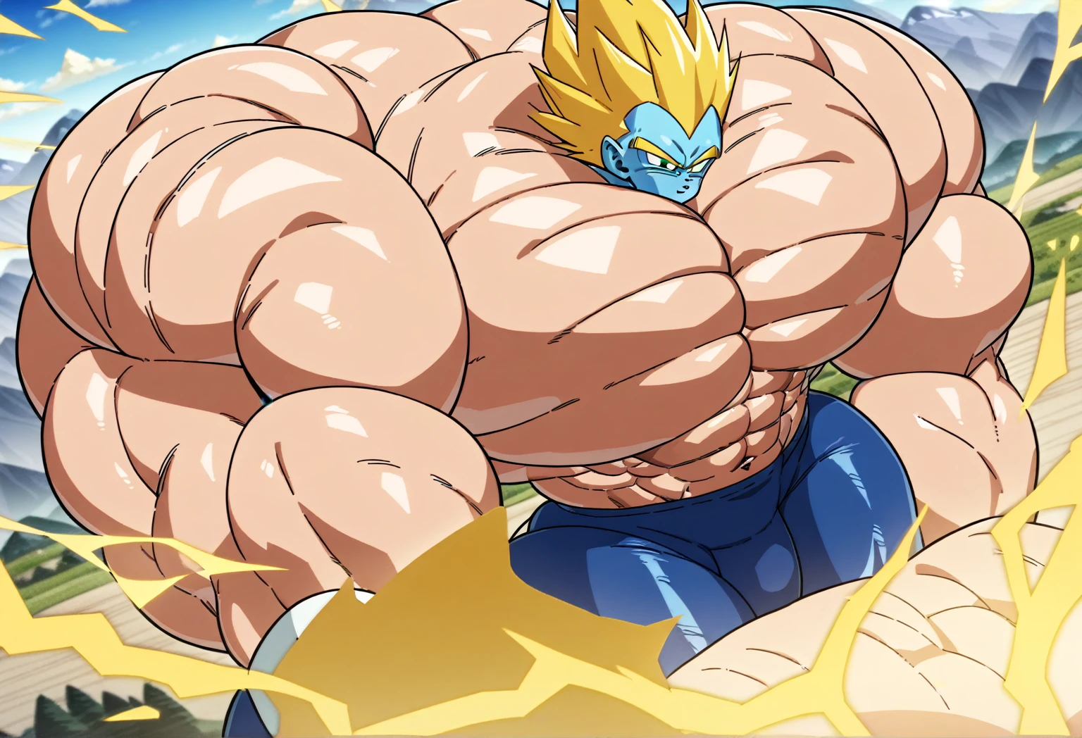 1boy, Vegeta, from Dragon Ball Z, masterpiece, best quality, very aesthetic, absurdres, saiyan, green eyes, spiked hair, (yellow hair:1.5), shirtless, blue skintight pants, white gloves, (huge muscles:3), Dragon Ball Z artstyle, in the style of Akira Toriyama, white tiled floor, outdoors, flat-top mountains, yellow aura, electricity, (mountains and sky in background:2), (visible abs:2), nipples, white gloves, white boots, calves, (blue skintight pants:2)