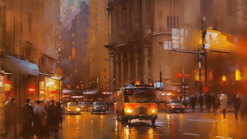 Cityscape print , Paris street cafeteria, night market, road light, car, bookstore, Long Shot, A broad perspective, sunset, car両, Artistic Oil Painting,