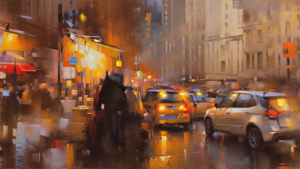 Cityscape print , Paris street cafeteria, night market, road light, car, bookstore, Long Shot, A broad perspective, sunset, car両, Artistic Oil Painting,