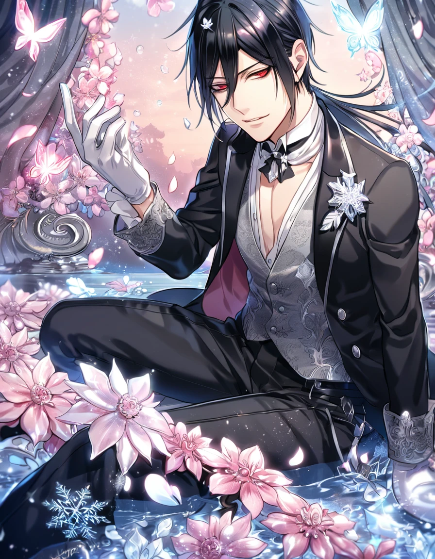 Ultra detailed, HDR, Highres, absurdres, master piece, Sebastian Michaelis, black hair, expressive red eyes, Kuroshitsuji, black jacket, gray vest, white shirt, handsome, ice glittering butterflies, ice, petals, pink ice glass flowers, glittering, water, fantasy, magical, snowflakes, cold, handsome smile, white gloves, Black Butler, solo, sexy man sitting, black pants