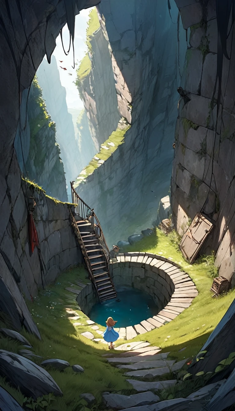 view from above, huge vertical hole that suddenly appears in the middle of empty grassland, the abyss, spiral staircase made of stone that descends underground along rocky wall, mysterious bird flying, girl with mysterious smile sitting on cliff, rusty and broken robots scattered here and there, the birth of death, the death of birth, cute dark fantasy in the style of Grimm's fairy tales, Hans Christian Andersen's fairy tales, and Aesop's fables