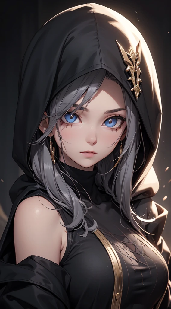 White elf girl, dark grey hair color, very long flowing hair, grey eye color, small eyes, round eye shape, eyeliner, realistic face shape. black shirt, portrait, wearing a black hood, black background, Depth of Field. looking at camera, dreamy look detailed eyes, detailed face, detailed skin, Ultra Detailed, Beautiful and Aesthetic, Masterpiece, Best Quality, shoulders showing. fish net fabric, round chin shape. wearing black hood over hair. showing full upper body and face. wearing a black hood, alot of flairs in background, zoomed out, black and gold. glowing,