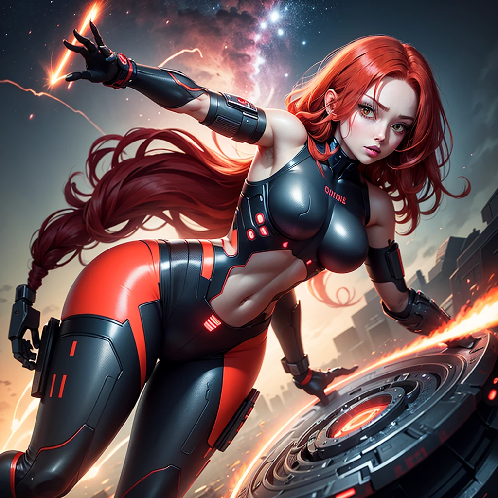 Cyborg girl Android red hair beautiful sexy big hips stands straight without bending look down camera angle from below shooting from bottom to top flat horizon photo background cosmic red flashes of red color