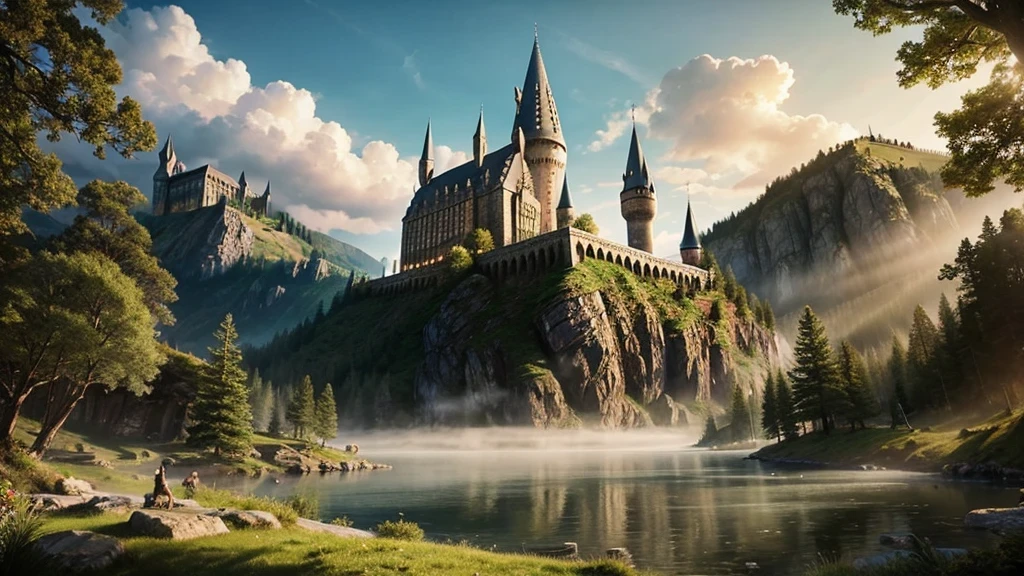 masterpiece,Highest quality,Realistic illustrations,Classic,Fantasy,mysterious,Fantasy,Hogwarts Castle,Morning Glow,Trees around,The misty «Harry Potter Movie World»