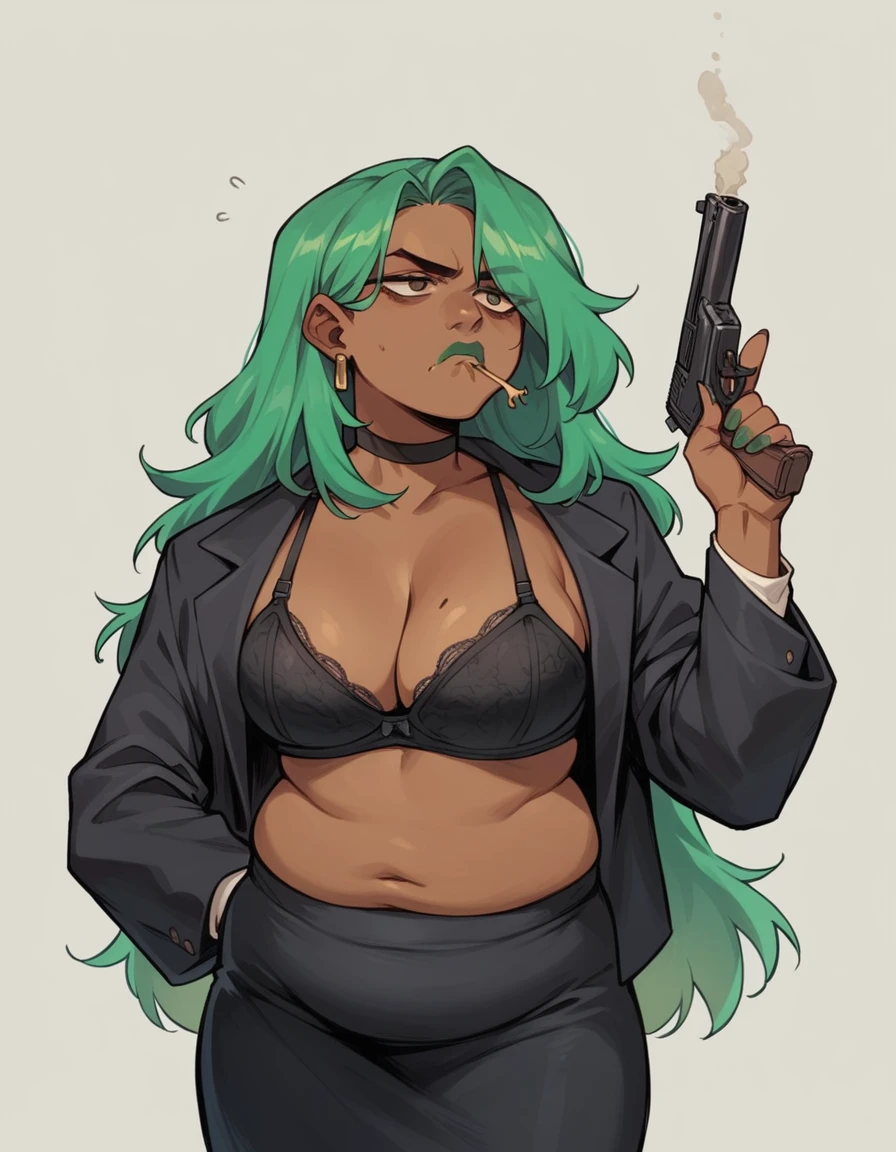 beautyfull woman, long green hair, long hair, african skin, green lipstick, black skirt, black bra, black chocker, bored, black jacket, chubby, eating hamburguer, holding a gun