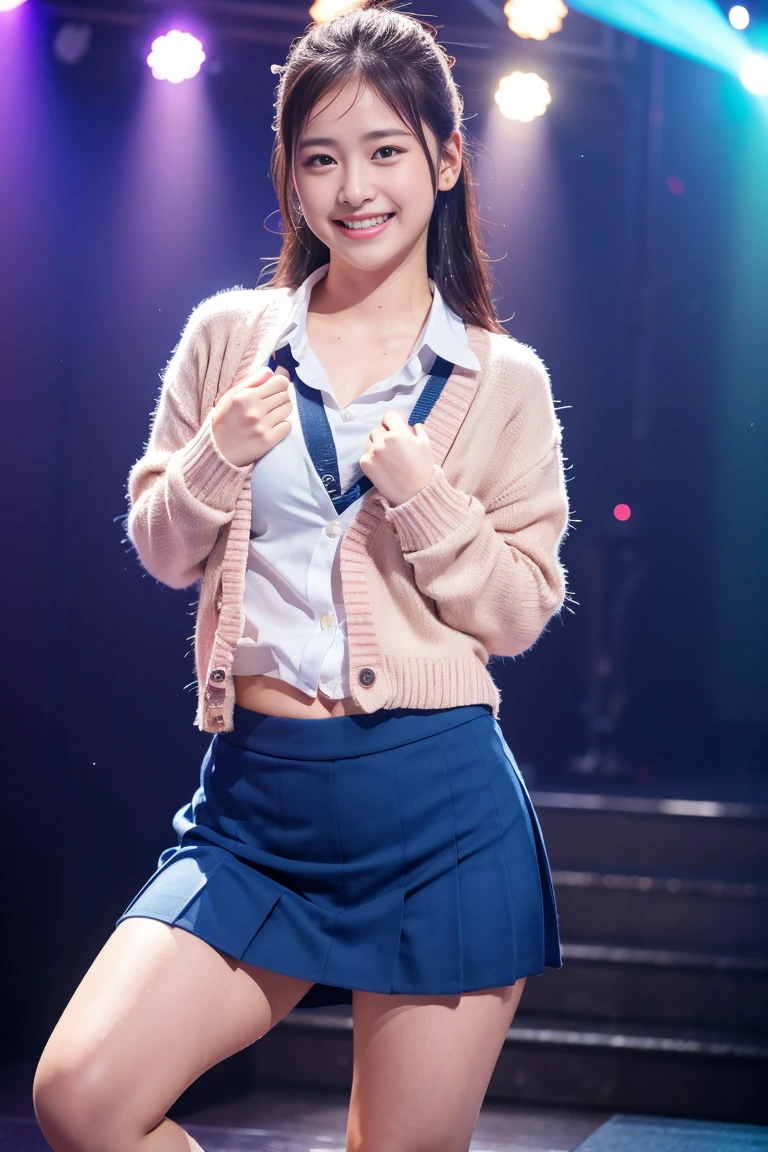(8k), (highest quality: 1.2), (Realistic), (Realistic: 1.37), Ultra-high resolution, 1 girl, cute, (Embarrassed smile:1.2), (Blushing:1.4)Mouth closed, Beautiful details, Beautiful Nose, Wet Hair, Giant Dulcefo, pork, Thighs,Navel exposed,University Student Uniform,( cardigan:1.2),Pleated skirt,Platform boots,Dancing on the school stage,(Shiny Thighs:1.2),Medium Shot,(Thick thighs:1.2),,My whole body is wet with sweat,Dance vigorously,