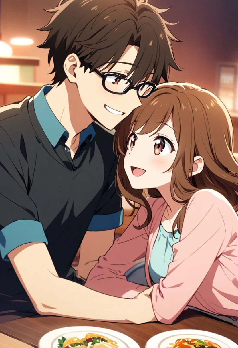 anime, two people, one beautiful female with long brown hair and no glasses, the other person is a male with short dark brown hair and black rimmed glasses, they are boyfriend and girlfriend, both smiling