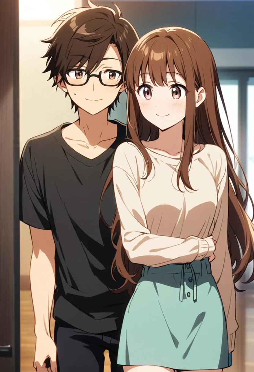 anime, two people, one beautiful female with long brown hair and no glasses, the other person is a male with short dark brown hair and black rimmed glasses, they are boyfriend and girlfriend, both smiling 