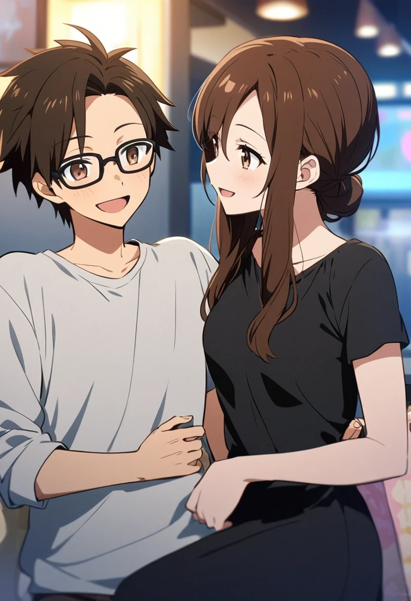 anime, two people, one beautiful female with long brown hair and no glasses, the other person is a male with short dark brown hair and black rimmed glasses, they are boyfriend and girlfriend, both smiling