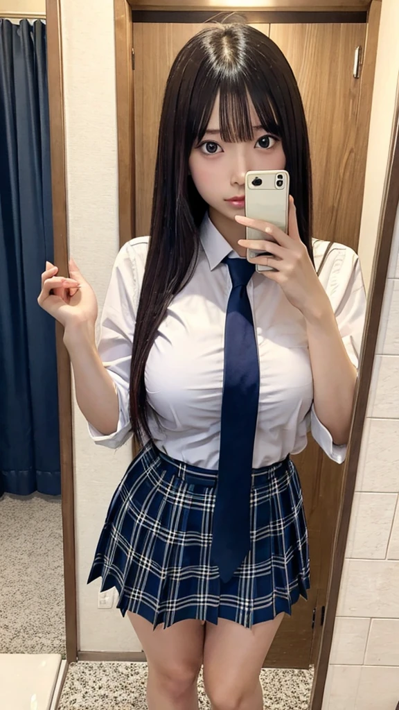 、(Facing forward:1.5)、uniform、(Huge boobs:1.3)、、detailed、8K、、Beautiful body、RAW Photos、detailedな目、Straight Hair、bangs、detailedな髪、(No makeup:1.ung face、White tile background、Browsing Caution、destruction、loafers、Brown checked skirt、White shirt、Navy blue tie、Selfie in the mirror