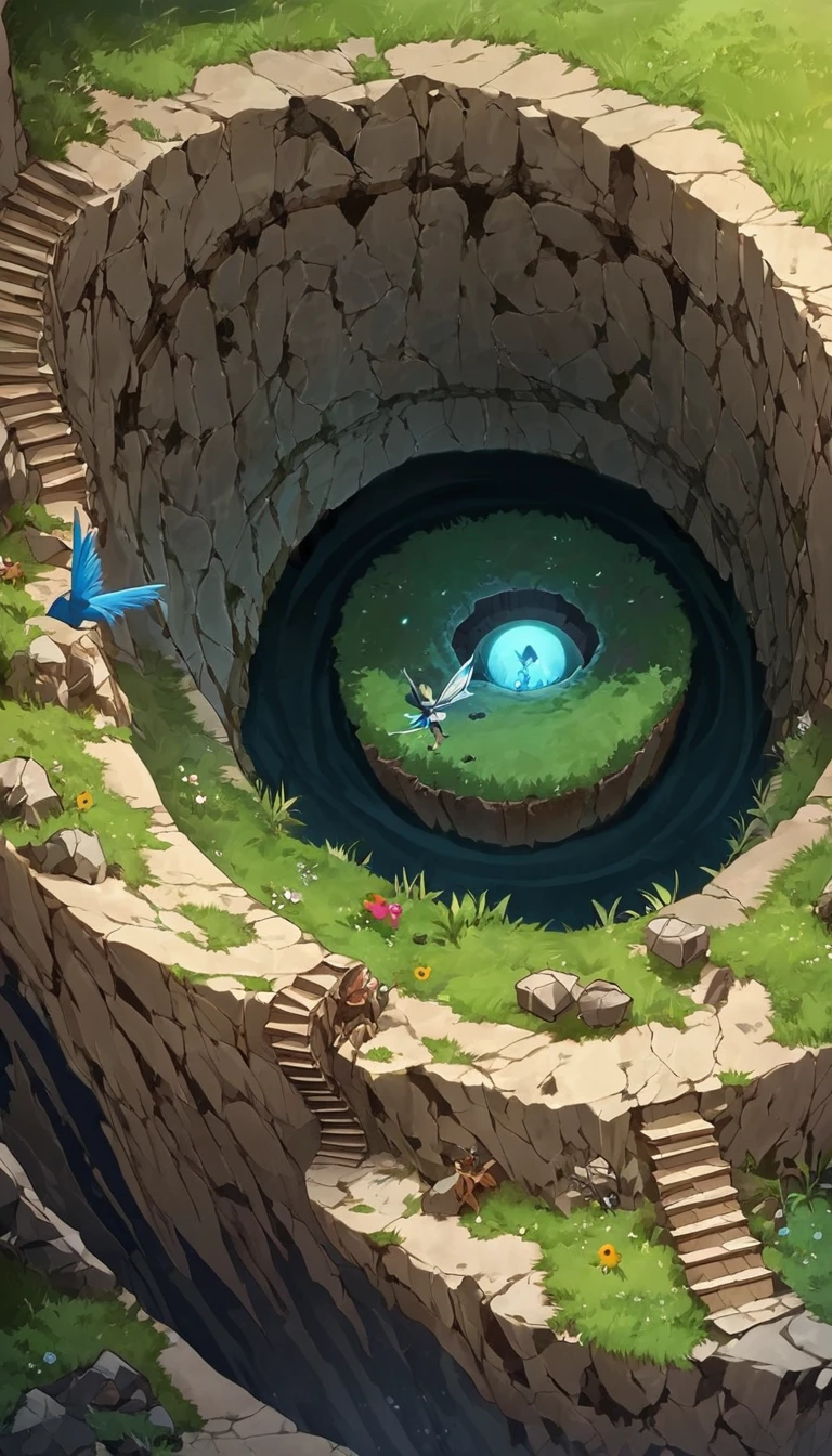 view from above, huge vertical hole that suddenly appears in the middle of empty grassland, the abyss, spiral staircase made of stone that descends underground along rocky wall, mysterious bird flying, girl with mysterious smile sitting on cliff, rusty and broken robots scattered here and there, the birth of death, the death of birth, cute dark fantasy in the style of Grimm's fairy tales, Hans Christian Andersen's fairy tales, and Aesop's fables
