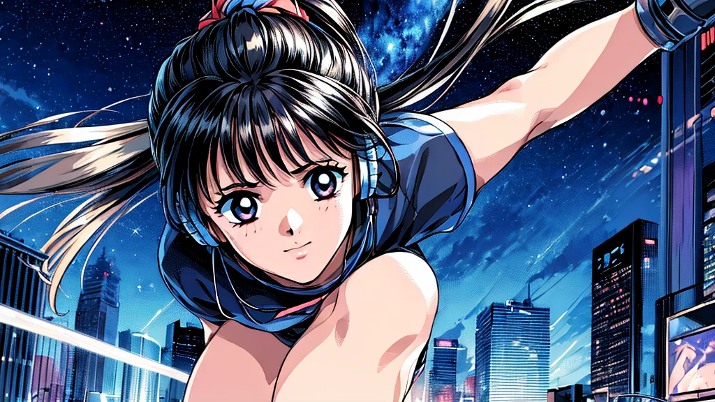 ((masterpiece)),(((Highest quality))),((Super detailed)) Realistically, 1 Girl, beautiful, Wearing headphones, One person　 night景を見てる, city, Starry Sky, building, night.　Black hair ponytail　The wind is blowing　sexy