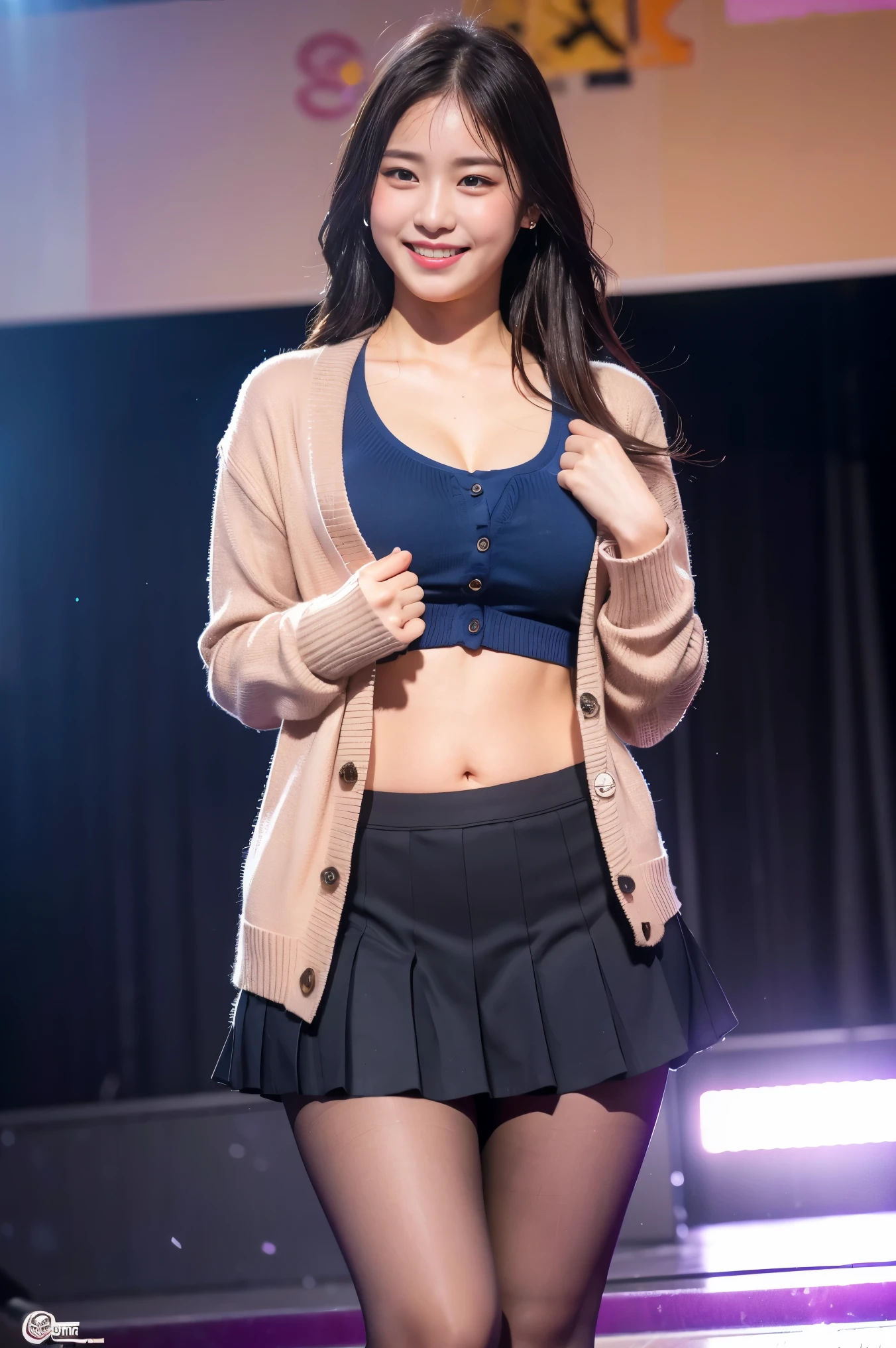 (8k), (highest quality: 1.2), (Realistic), (Realistic: 1.37), Ultra-high resolution, 1 girl, cute, (Embarrassed smile:1.2), (Blushing:1.4)Mouth closed, Beautiful details, Beautiful Nose, Wet Hair, Giant Dulcefo, pork, Thighs,Navel exposed,University Student Uniform,A simple blazer,( cardigan:1.2),Pleated skirt,Platform boots,Dancing on the school stage,(Shiny Thighs:1.2),Medium Shot,(Thick thighs:1.2), natural pantyhose ,My whole body is wet with sweat,Dance vigorously,
