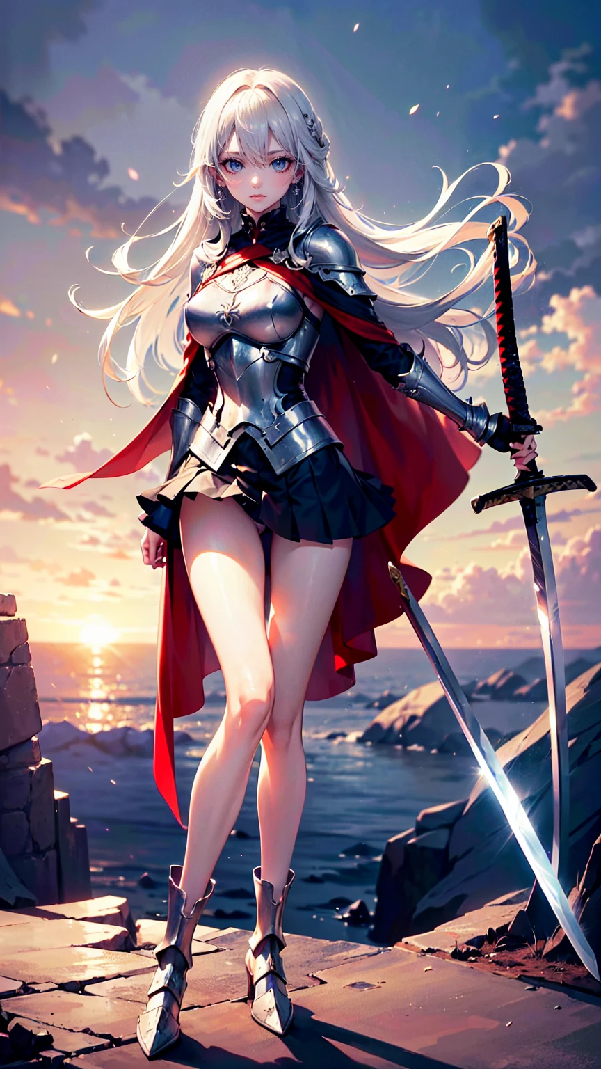 A girl wielding a sword，，Blonde long hair，Green Eyes，Silver metal armor covering the upper body，pleated micro mini skirt，Thigh-length silver metal boots，Big red cape，white thigh high stockings，Holding a beautifully decorated long sword，Jump and slash at the enemy，(((Open your legs and hold your sword:1.5)))，((Perfect beautiful girl:2.0))，((Slim figure))，Silver gauntlet，(Full body up to the toes)，A windswept, desolate wilderness，(Panty shot:1.2)，(((Ultra-high resolution:1.5)))，((Highly detailed eyes))