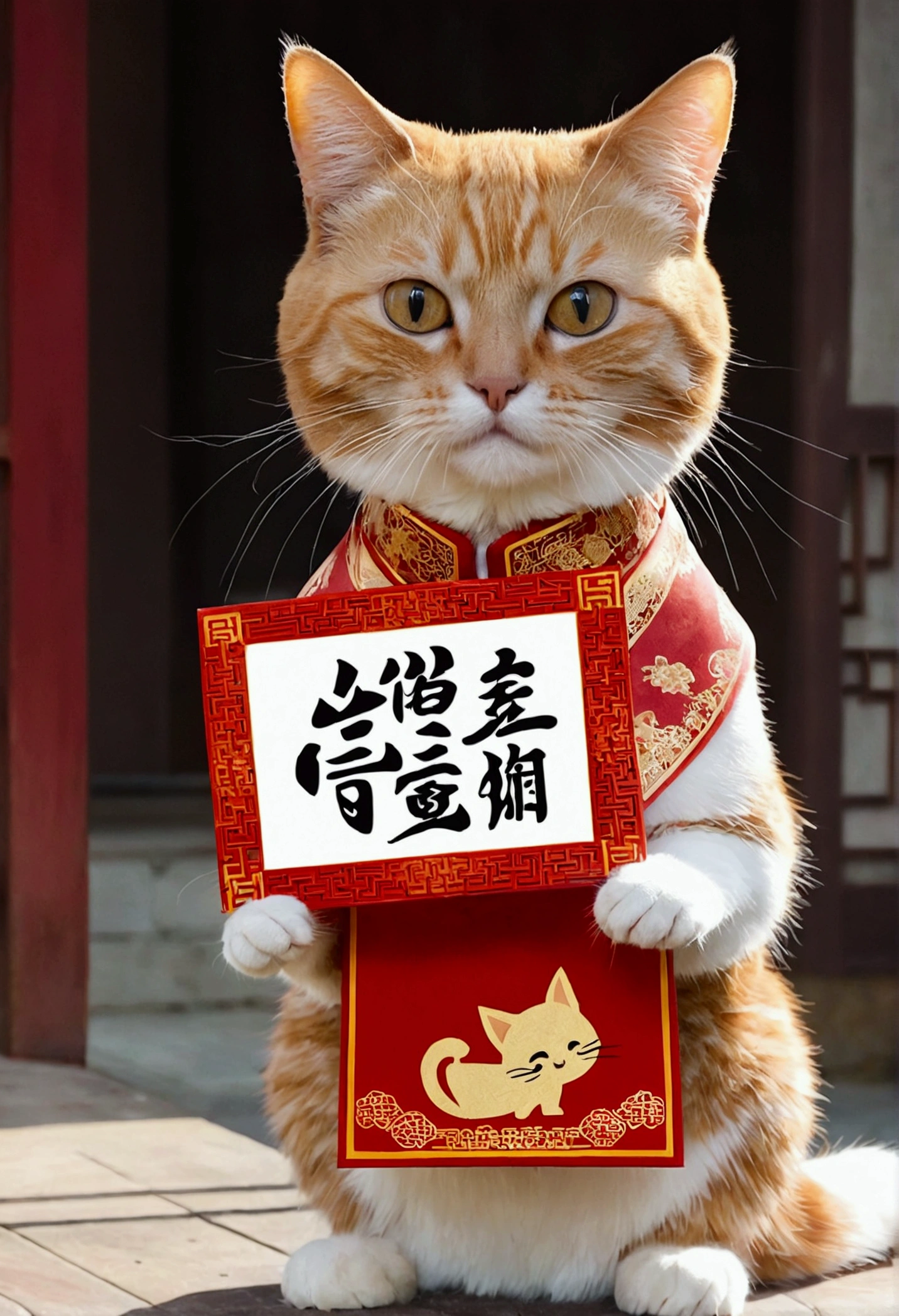 A cat holding a sign，Chinese characters are written on it：&quot;Have you eaten yet?&quot;。