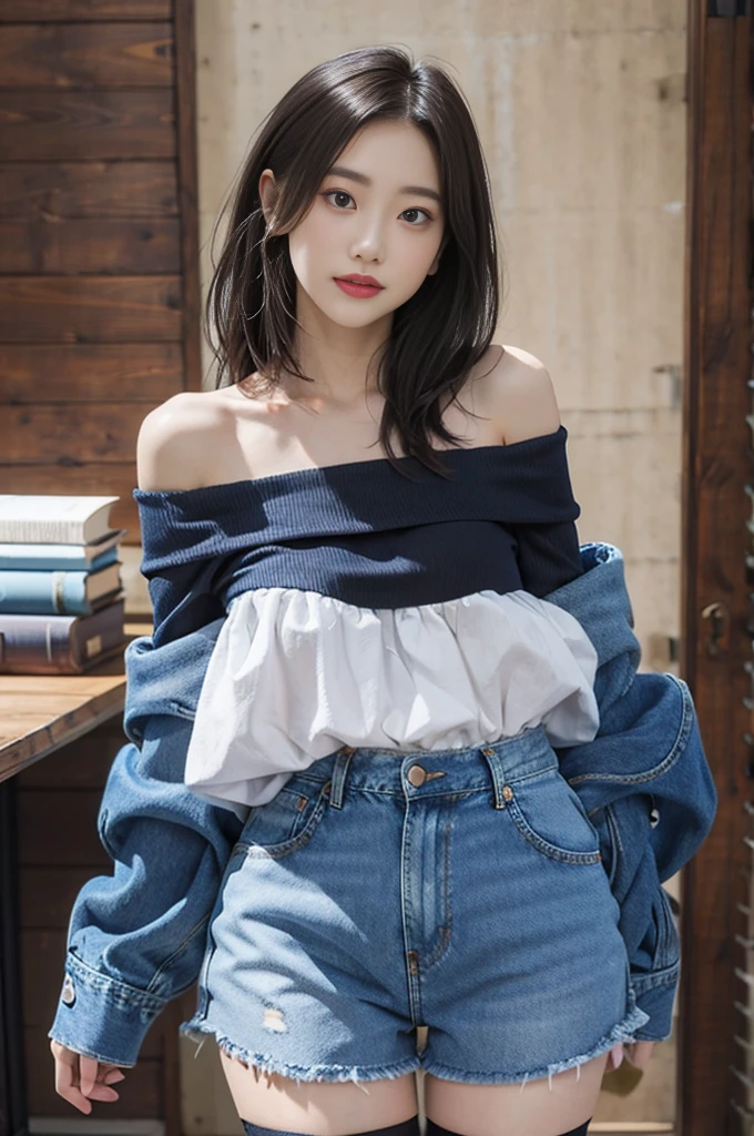 Stockings, denim hotpants and off-the-shoulder top