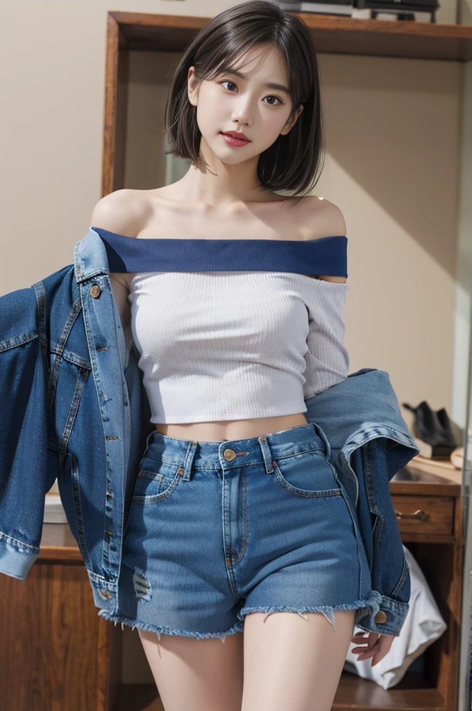 Stockings, denim hotpants and off-the-shoulder top