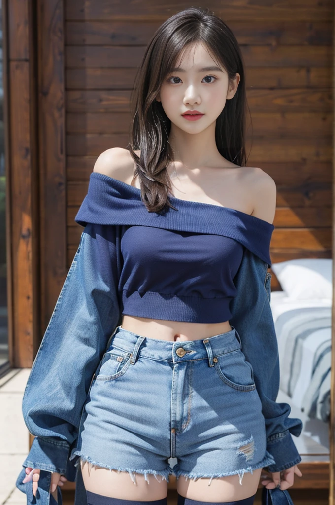 Stockings, denim hotpants and off-the-shoulder top