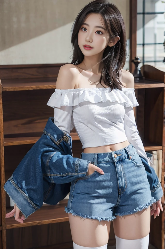 Stockings, denim hotpants and off-the-shoulder top