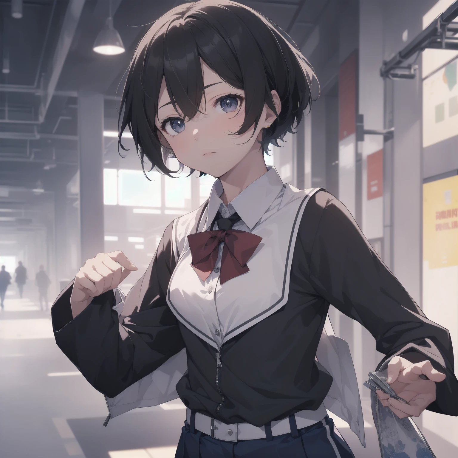 ultra-absurdres-Top quality by artist God, ultra-detailed, high resolution, anime moe artstyle, best anime 8k konachan wallpaper, pixiv contest winner, pool:2810, perfect anatomy,break, 1girl, (Please draw a girl walking sleepily to school alone. )break,(Solo,little female, 13-year-old:1.3),Full limbs, complete fingers,a junior high school student, (very short hair), short cut, flat chest, , small butt, small black eyes, beautiful detailed eyes, well-proportioned iris and pupils, expressive eyes, highres detailed hair, soft expression, salor school_uniform, sailor collar, serahuku, bow, pleated skirt,(Detailed Lighting), (Detailed background), in the School commute route. break,super detailed skin, Best cinematic lighting powered by famous artist, 8k,beauty illustration,photoshop_(medium),very aesthetic,break,((artist:beni_shake )), artist:clamp ,artist:carnelian ,artist:kantoku ,