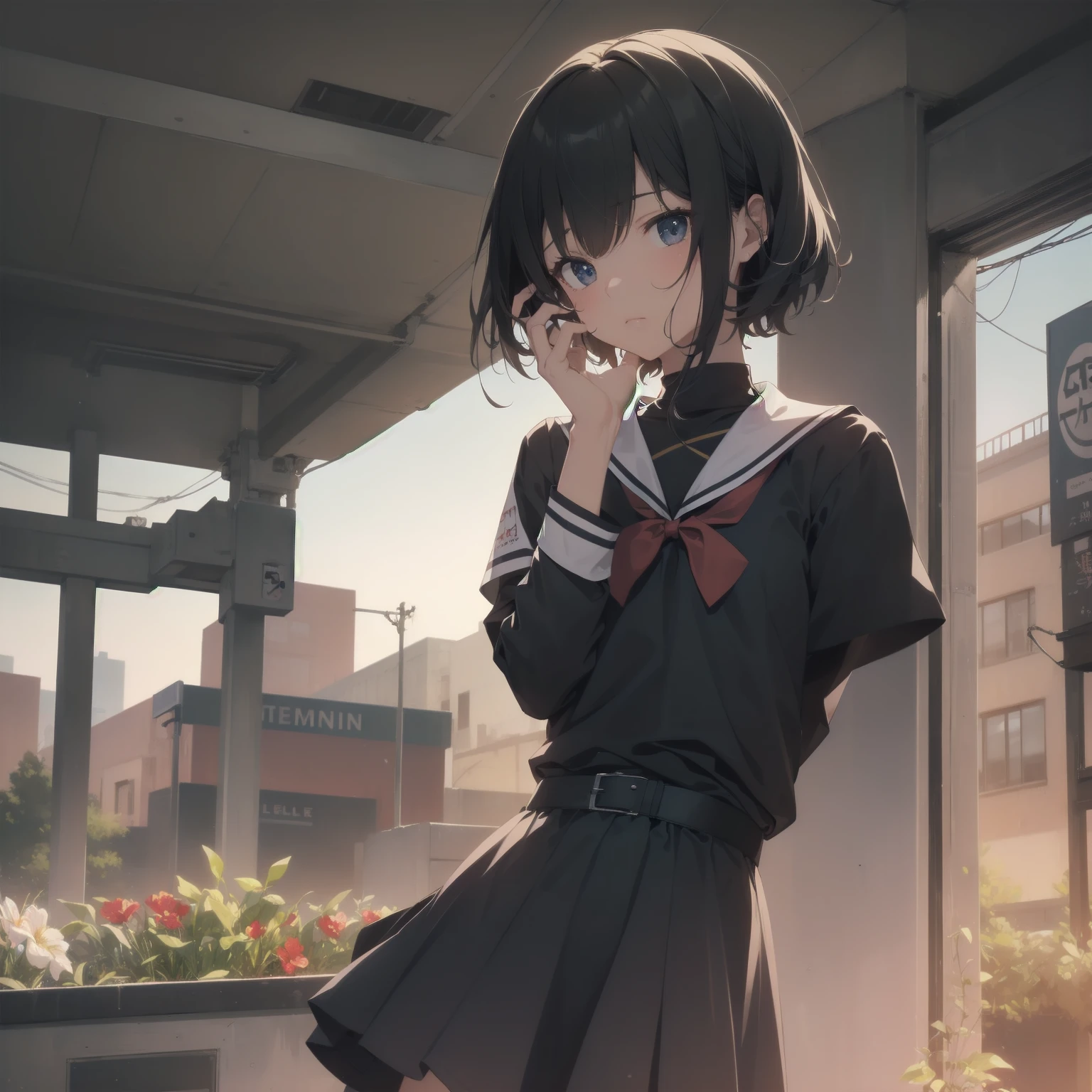 ultra-absurdres-Top quality by artist God, ultra-detailed, high resolution, anime moe artstyle, best anime 8k konachan wallpaper, pixiv contest winner, pool:2810, perfect anatomy,break, 1girl, (Please draw a girl walking sleepily to school alone. )break,(Solo,little female, 13-year-old:1.3),Full limbs, complete fingers,a junior high school student, (very short hair), short cut, flat chest, , small butt, small black eyes, beautiful detailed eyes, well-proportioned iris and pupils, expressive eyes, highres detailed hair, soft expression, salor school_uniform, sailor collar, serahuku, bow, pleated skirt,(Detailed Lighting), (Detailed background), in the School commute route. break,super detailed skin, Best cinematic lighting powered by famous artist, 8k,beauty illustration,photoshop_(medium),very aesthetic,break,((artist:beni_shake )), artist:clamp ,artist:carnelian ,artist:kantoku ,