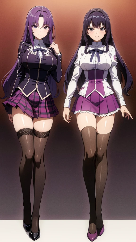 a masterpiece of two identical twin girls with heather-purple colored hair, huge fuzzy hairstyle, cover-bangs, hazel eyes, and matching school uniforms with sexy lace accents, ribbons, and rainbow short skirts, wearing white thigh-high socks and black high heels, posing together with a seductive smile, flat color background, full body, ultra-detailed, (best quality,4k,8k,highres,masterpiece:1.2),ultra-detailed