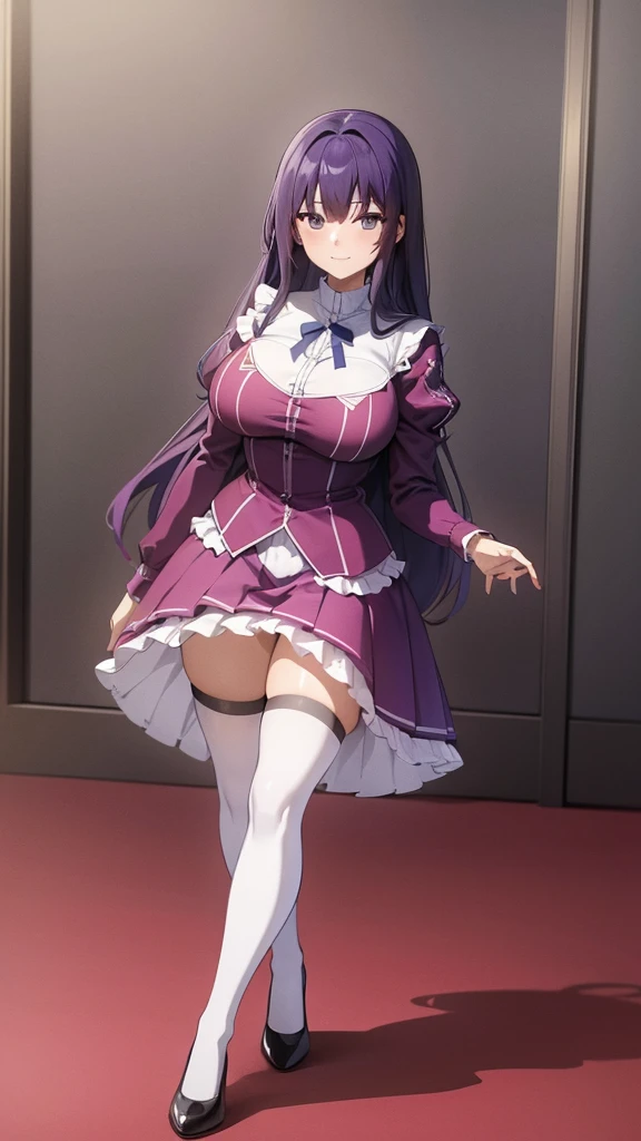 a masterpiece of two identical twin girls with heather-purple colored hair, huge fuzzy hairstyle, cover-bangs, hazel eyes, and matching school uniforms with sexy lace accents, ribbons, and rainbow short skirts, wearing white thigh-high socks and black high heels, posing together with a seductive smile, flat color background, full body, ultra-detailed, (best quality,4k,8k,highres,masterpiece:1.2),ultra-detailed