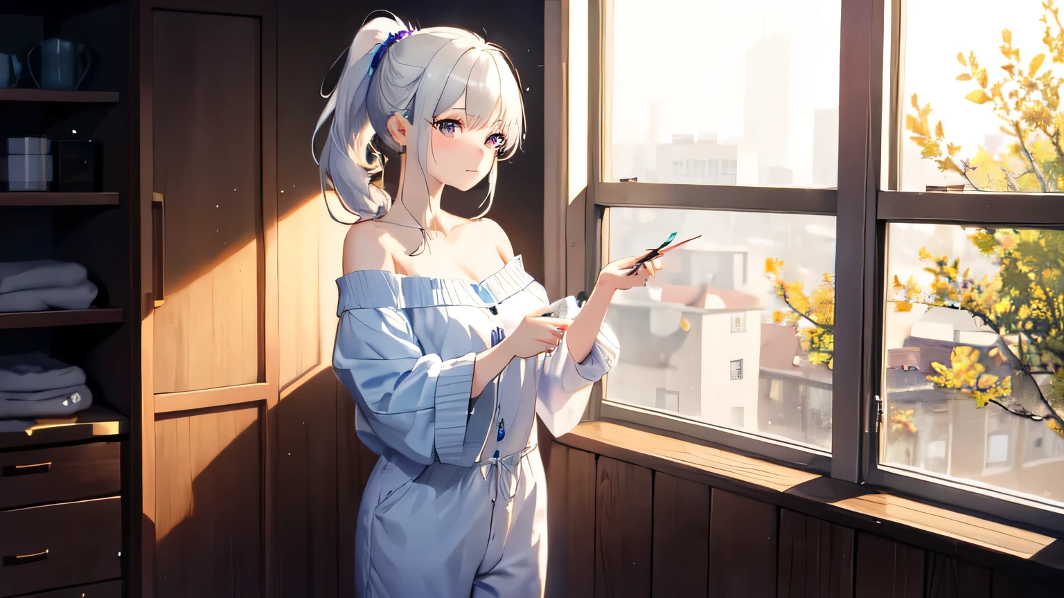 ((best quality)), ((masterpiece)), (detailed), 1girl, sexly,((Highest quality)), ((masterpiece)), (detailed), One girl, Off-the-shoulder sweater, Standing in the morning sun by the window、White-haired beautiful girl,A girl with purple eyes and a ponytail stares at the morning sun,A beautiful white-haired girl in pajamas bathes in the morning sun by the window,A girl with white hair and a ponytail standing in the morning sun、,Blue light,Site Writing,Rubik&#39;s Square