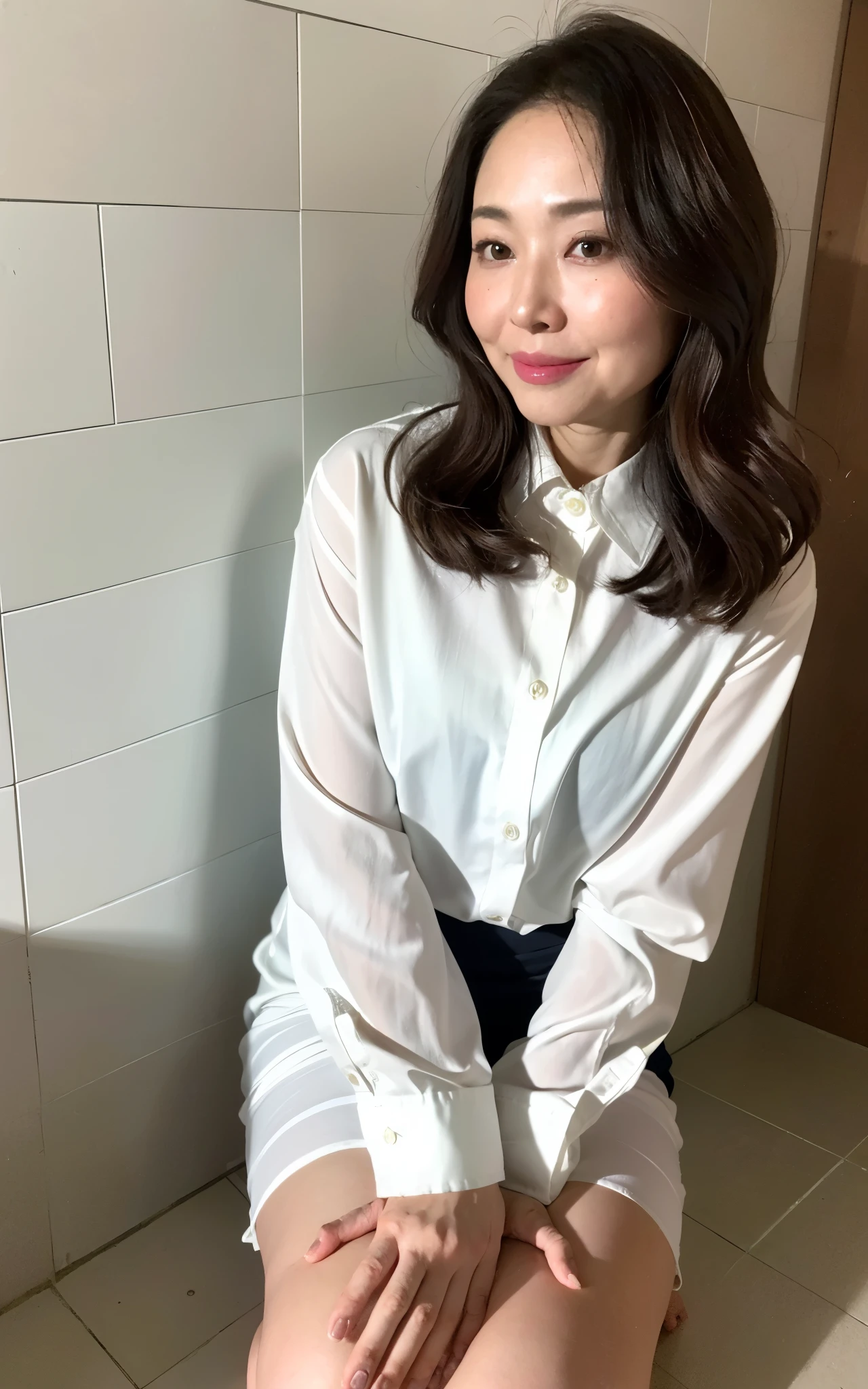 ((Best Quality, 8k, Masterpiece: 1.3)), Photorealistic, Sharp Focus, High Quality, High Definition, ((look down)), Portrait, Solo, Japanese Milf, Beauty, ((Open legs Wide)), 40 years old, Plump, Wavy hair, Wetty White Shirt, Wrinkles at the corners of the eyes, Toilet, Tile, (open mouth:1.1),