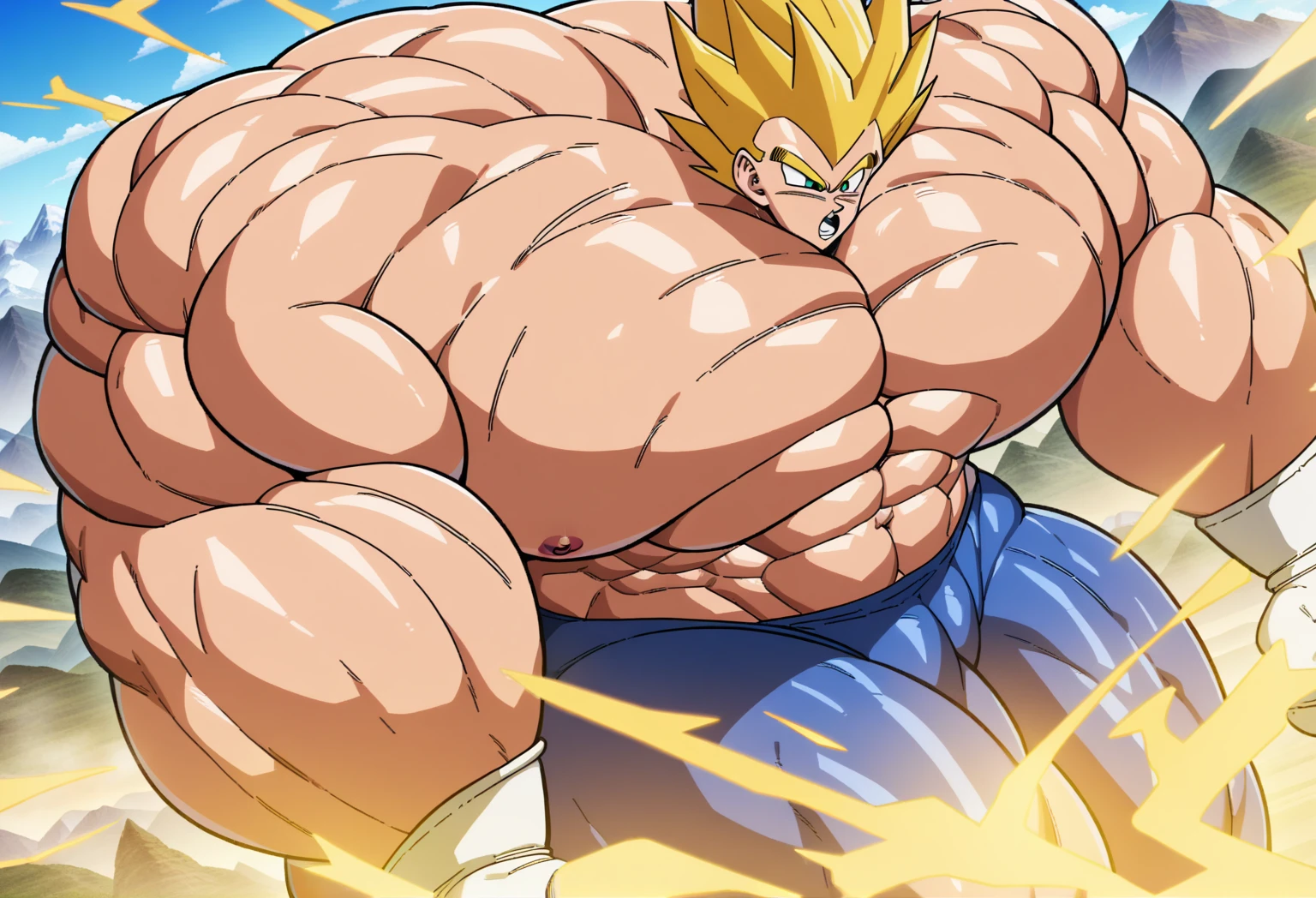 1boy, Vegeta, from Dragon Ball Z, masterpiece, best quality, very aesthetic, absurdres, saiyan, green eyes, spiked hair, (yellow hair:1.5), shirtless, blue skintight pants, white gloves, (huge muscles:3), Dragon Ball Z artstyle, in the style of Akira Toriyama, white tiled floor, outdoors, flat-top mountains, yellow aura, electricity, (mountains and sky in background:2), (visible abs:2), nipples, white gloves, white boots, calves, (huge thighs:2), (huge shoulders:2)