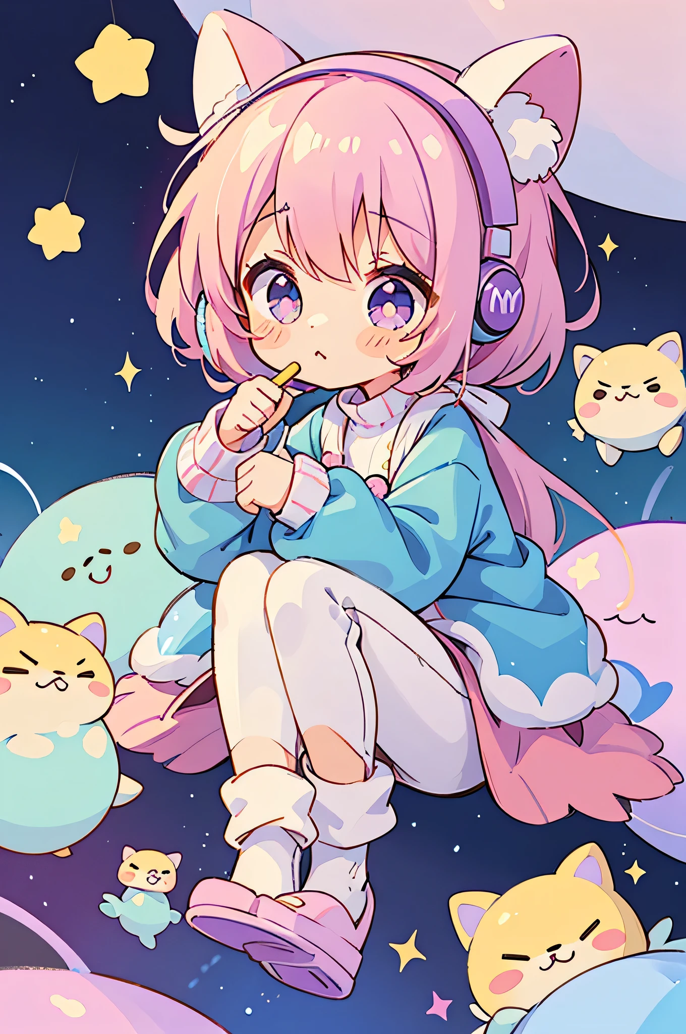 The cutest girl ever, (((chibi))), solo, fluffy clothes, pants, sweater, sleeves, socks, slippers, pastel colors, (purple, blue, pink, yellow), cozy, dreamy, stars, stickers, bubbles, glitter, sparkles, plushies, headphones