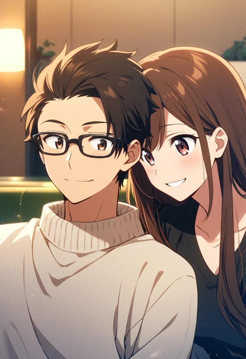 anime, two people, one beautiful female with long brown hair and no glasses, the other person is a male with short dark brown hair and black rimmed glasses, they are boyfriend and girlfriend, both smiling 