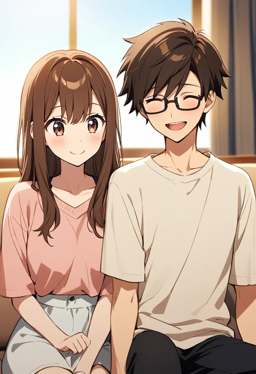 anime, two people, one beautiful female with long brown hair and no glasses, the other person is a male with short dark brown hair and black rimmed glasses, they are boyfriend and girlfriend, both smiling