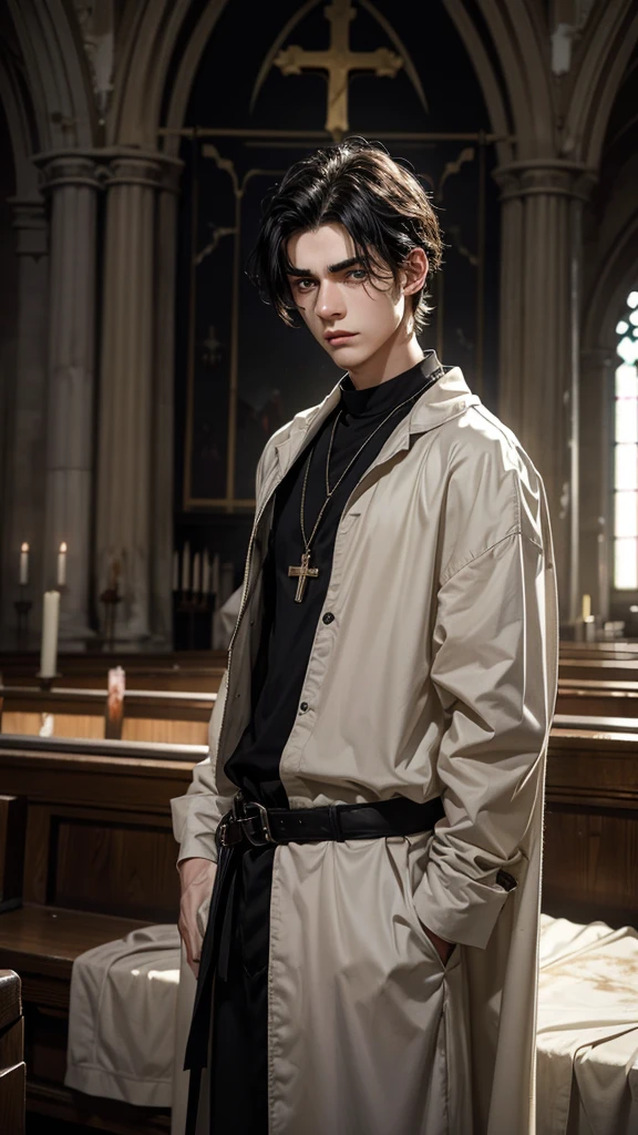 19 year old boy, White skin, wear black clothes, his face expresses sadness and emptiness, his marked jaw, green eyes, marked dark circles, wavy black hair,  wounds in front, blood on his face, blood on his forehead, blood on his hands, He is talking to an elderly priest next to the church altar, In the background you can see a cross hanging on the wall 