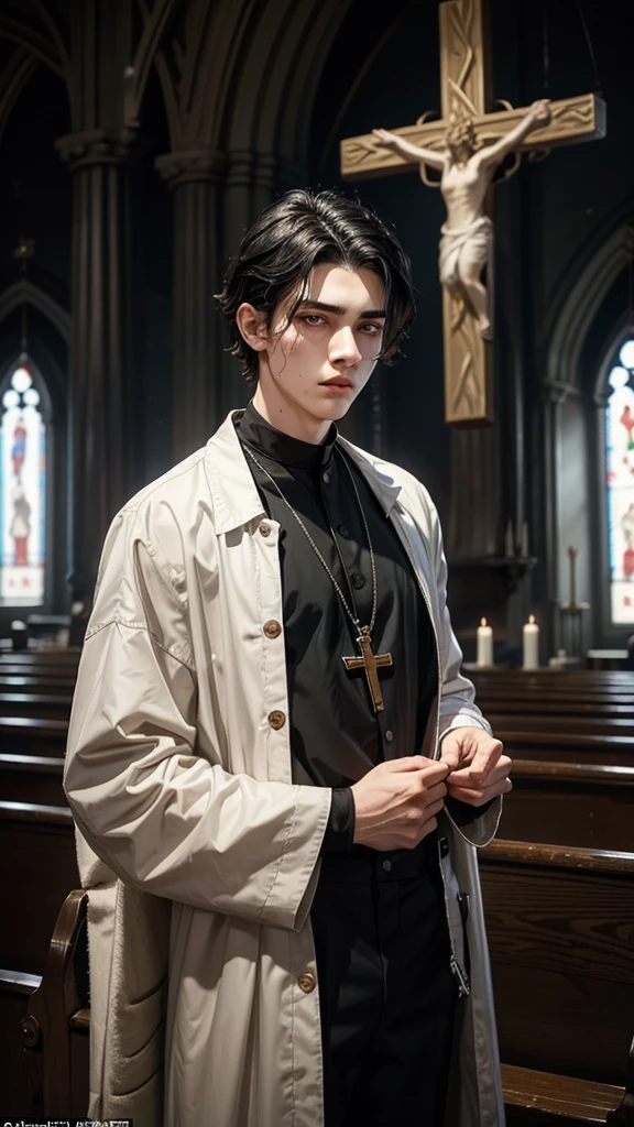 19 year old boy, White skin, wear black clothes, his face expresses sadness and emptiness, his marked jaw, green eyes, marked dark circles, wavy black hair,  wounds in front, blood on his face, blood on his forehead, blood on his hands, He is talking to an elderly priest next to the church altar, In the background you can see a cross hanging on the wall 