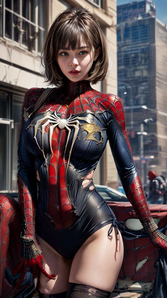 (Browsing Caution:1.7)、((Cowboy Shot))、Mature Woman、(masterpiece, Highest quality), Intricate details, 8K, 1 Girl,((Blunt bangs))、Black Hair,((Spiderman Suit)),Skyscraper, city, building,street,((Delicate painting))，(Detailed RAW photos of girls),(Highest quality:1.6), (Ultra-high resolution:1.5), (Realistic:1.75), 8K resolution,Very detailed,Cinema Lighting、(((Super big breasts:1.2)))、Spread your legs、((The abdomen is visible))、((another々Suit))、((Spider knee-high socks))、Sexy pose、((Spiderman Bikini Style))、(((Torn and tattered suit:1.2)))、((After the battle))