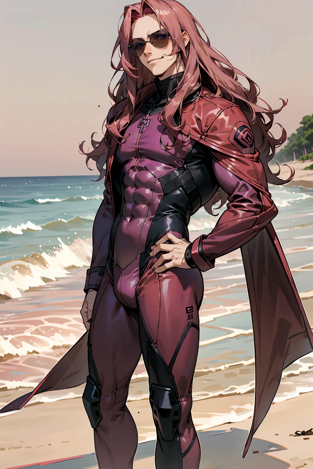 1male, Young Adult, Dark Red Hair, Light Pink Hair, ,Muscular, Curly Hair, Long Hair, Two Toned Hair, Sunglasses, Magenta Colored Eyes, Smirk, Standing On Beach, Red Skin Suit, Purple Coat